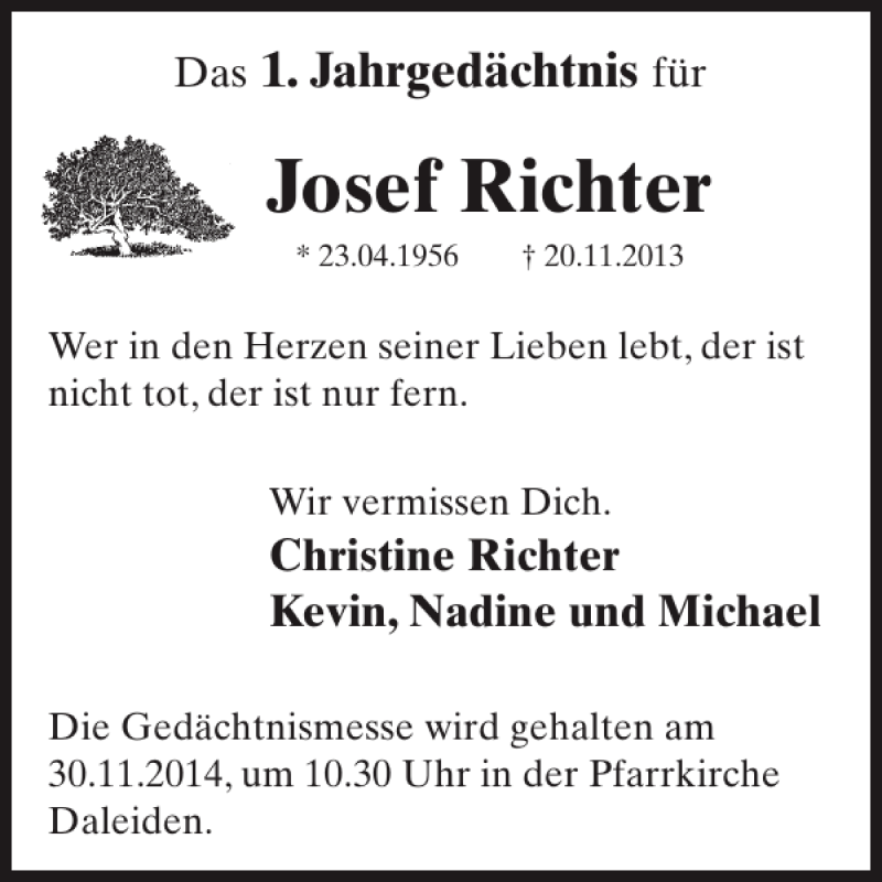  Traueranzeige für Josef Richter vom 19.11.2014 aus WochenSpiegel