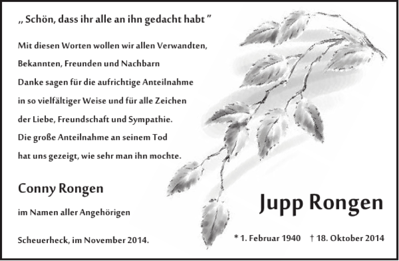  Traueranzeige für JuppRongen  vom 26.11.2014 aus WochenSpiegel