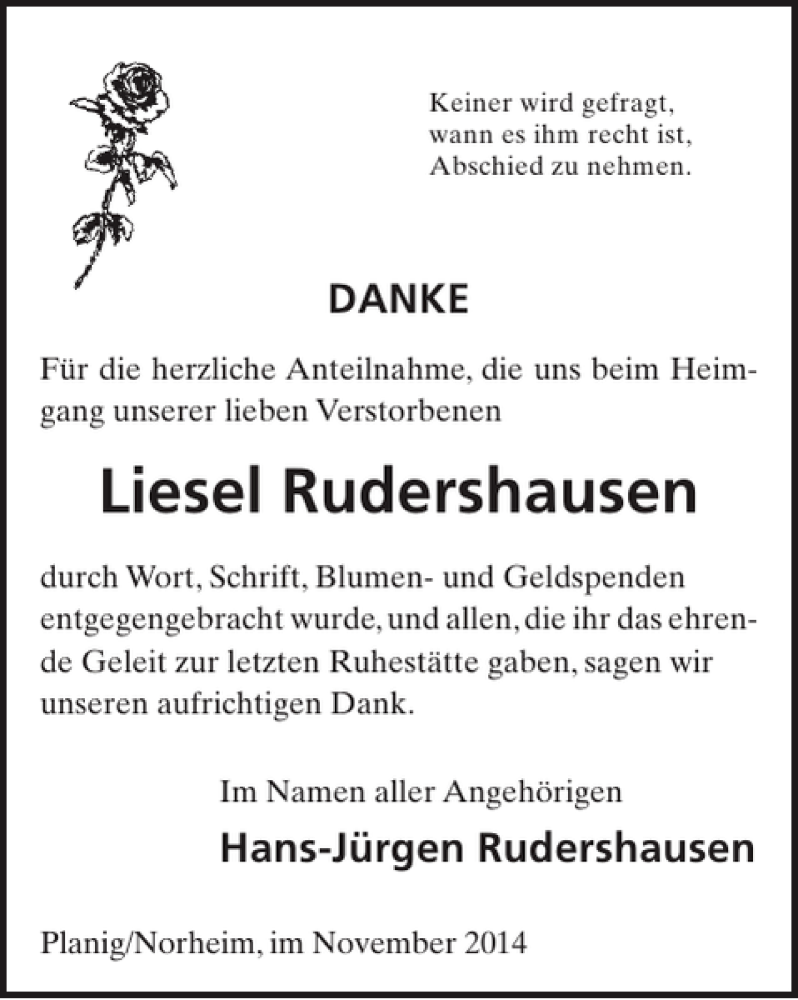  Traueranzeige für Liesel Rudershausen vom 19.11.2014 aus WochenSpiegel