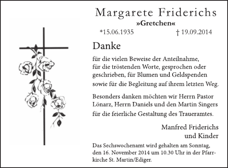  Traueranzeige für Margarete Friderichs vom 12.11.2014 aus WochenSpiegel