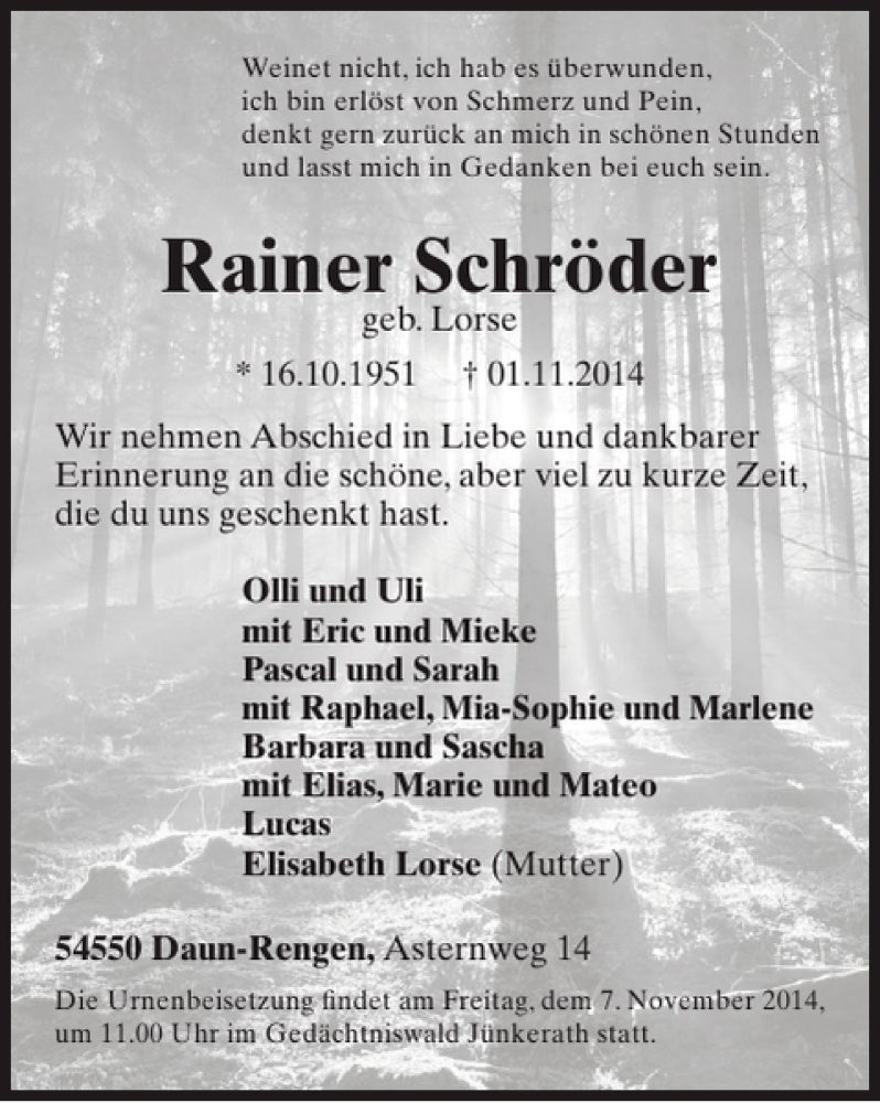  Traueranzeige für Rainer Schröder vom 05.11.2014 aus WochenSpiegel