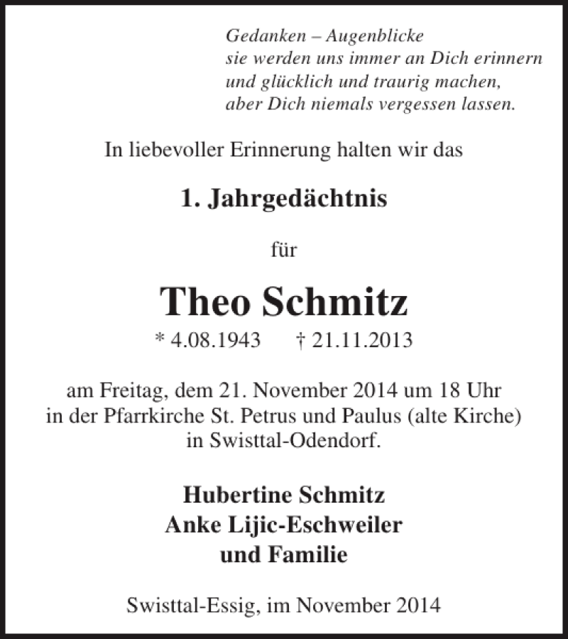  Traueranzeige für Theo Schmitz vom 19.11.2014 aus WochenSpiegel