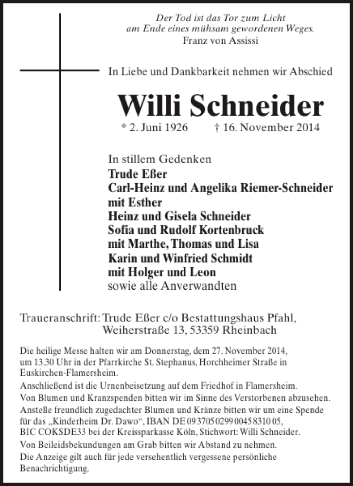  Traueranzeige für Willi Schneider vom 26.11.2014 aus WochenSpiegel