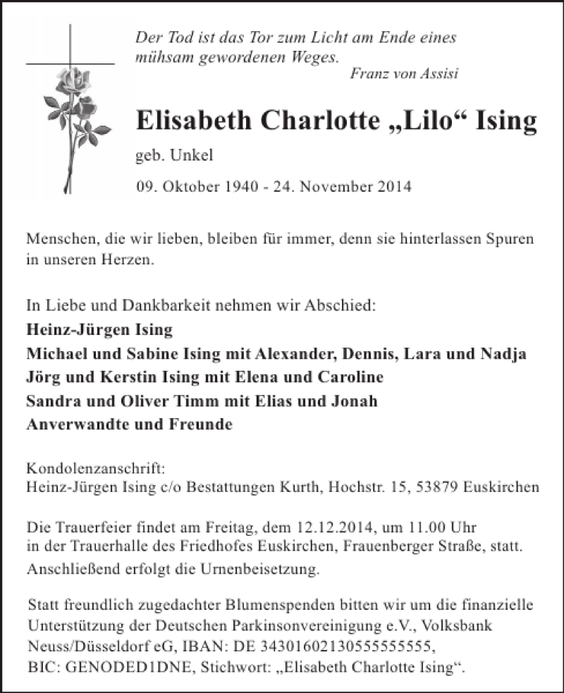  Traueranzeige für Elisabeth Charlotte Lilo Ising vom 03.12.2014 aus WochenSpiegel