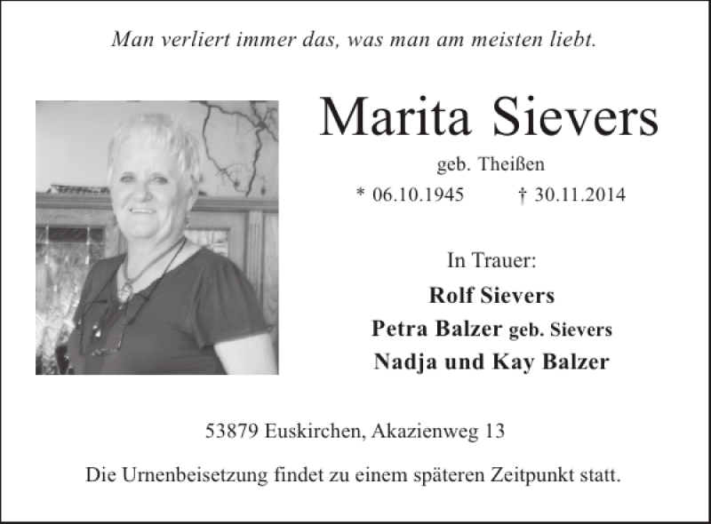  Traueranzeige für Marita Sievers vom 10.12.2014 aus WochenSpiegel