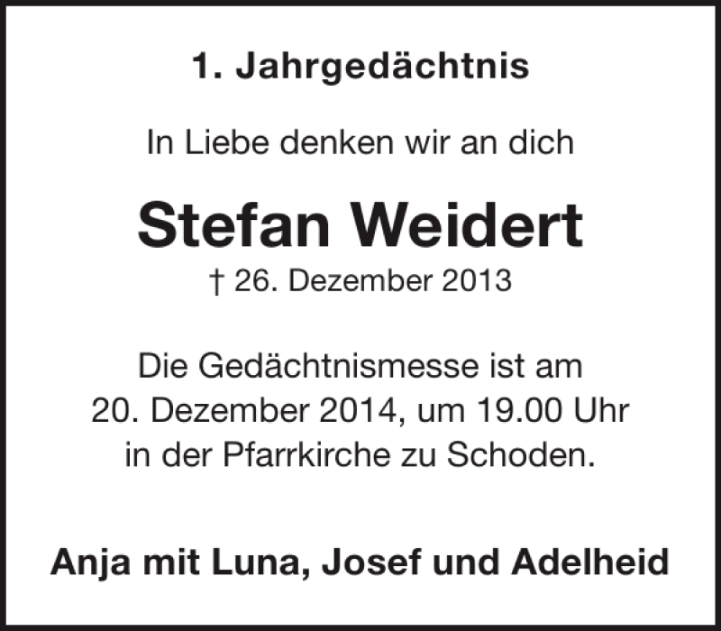  Traueranzeige für Stefan Weidert vom 10.12.2014 aus WochenSpiegel