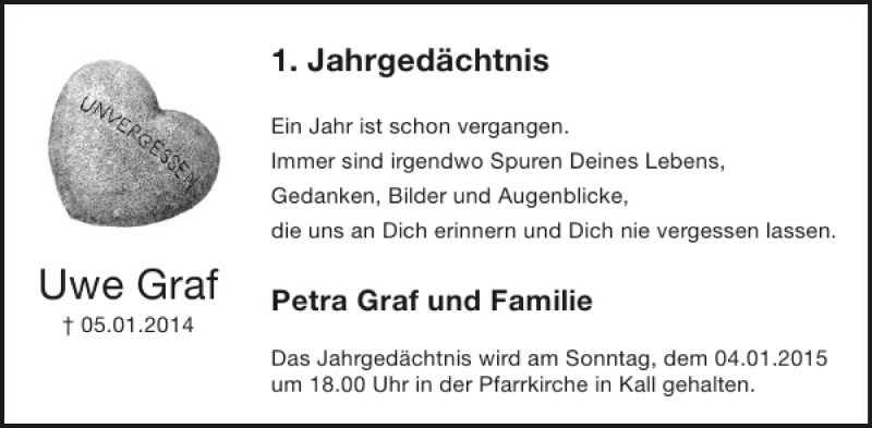  Traueranzeige für Uwe Graf vom 31.12.2014 aus WochenSpiegel