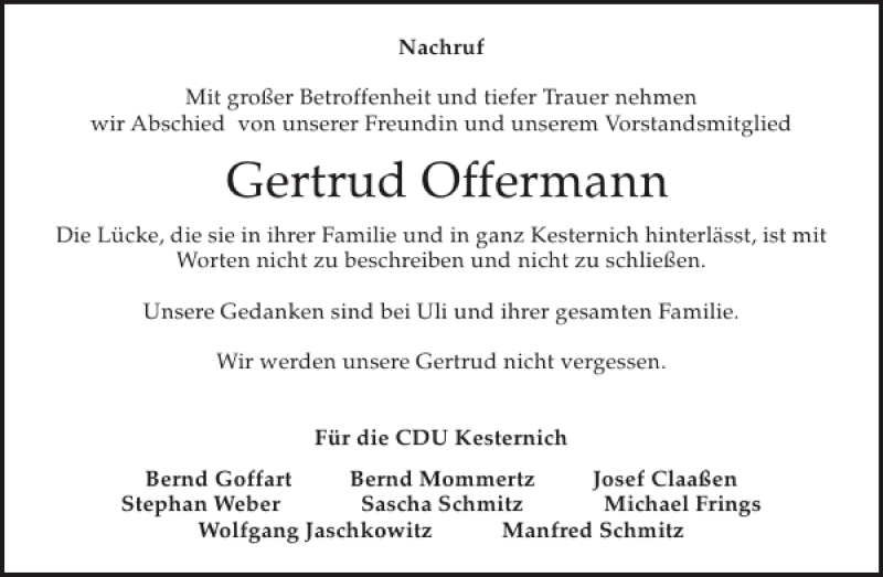  Traueranzeige für Gertrud Offermann vom 19.02.2014 aus WochenSpiegel