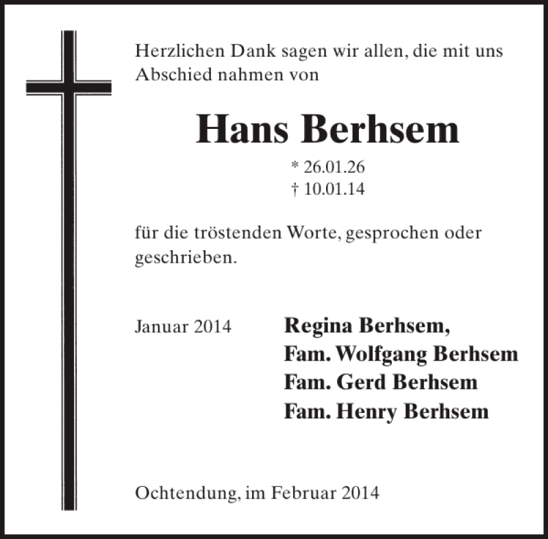  Traueranzeige für Hans Berhsem vom 19.02.2014 aus WochenSpiegel