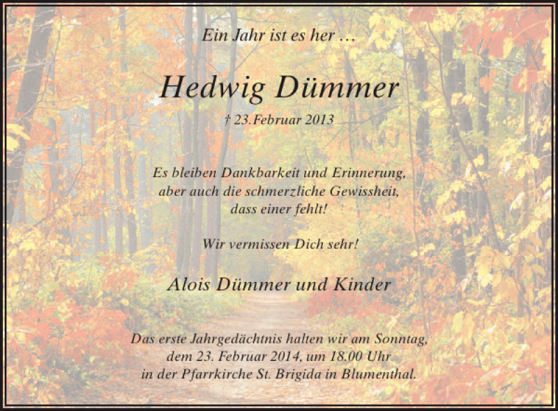  Traueranzeige für Hedwig Dümmer vom 12.02.2014 aus WochenSpiegel