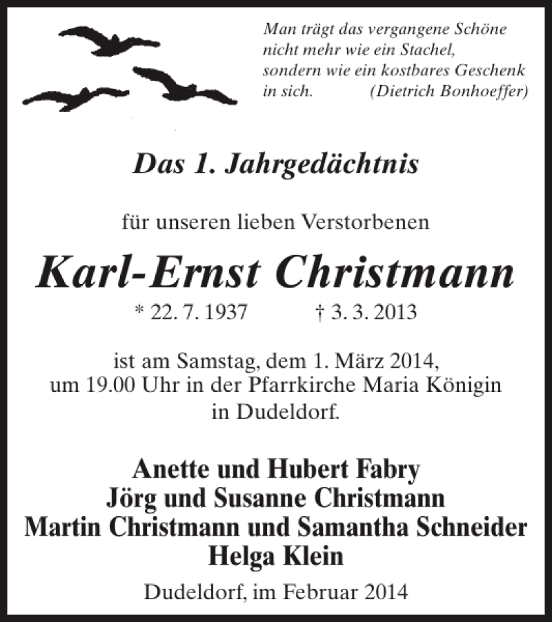  Traueranzeige für Karl-Ernst Christmann vom 19.02.2014 aus WochenSpiegel