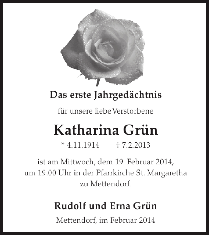  Traueranzeige für Katharina Grün vom 12.02.2014 aus WochenSpiegel