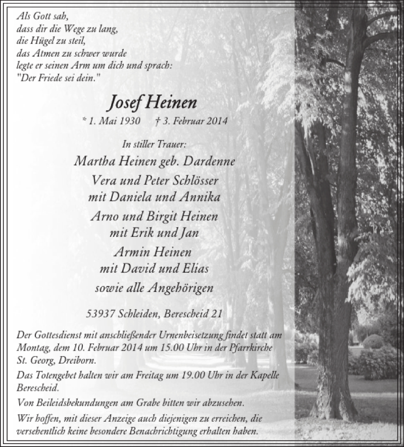  Traueranzeige für Martha Heinen geb. Dardenne vom 05.02.2014 aus WochenSpiegel