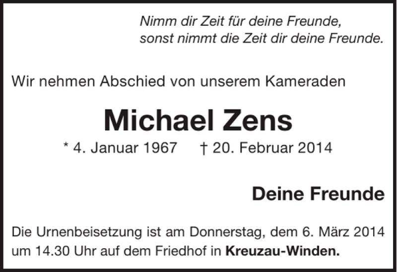  Traueranzeige für Michael Zens vom 26.02.2014 aus WochenSpiegel