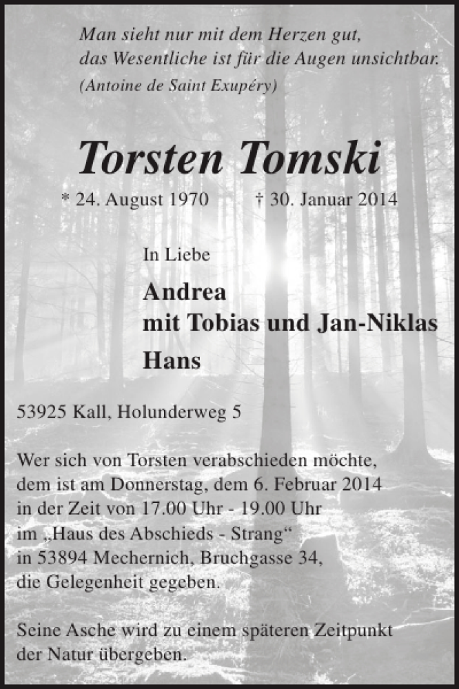  Traueranzeige für Torsten Tomski vom 05.02.2014 aus WochenSpiegel