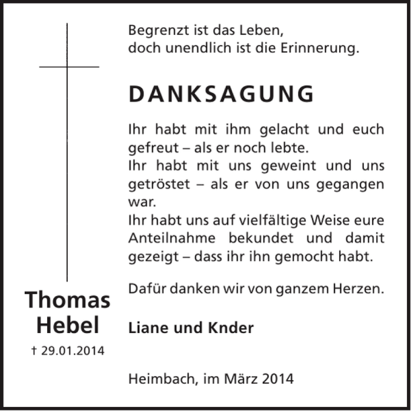  Traueranzeige für DANKSAGUNG Thomas Hebel vom 12.03.2014 aus WochenSpiegel
