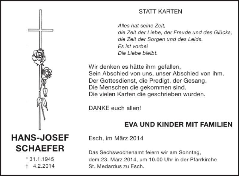  Traueranzeige für HANS-JOSEF SCHAEFER vom 12.03.2014 aus WochenSpiegel