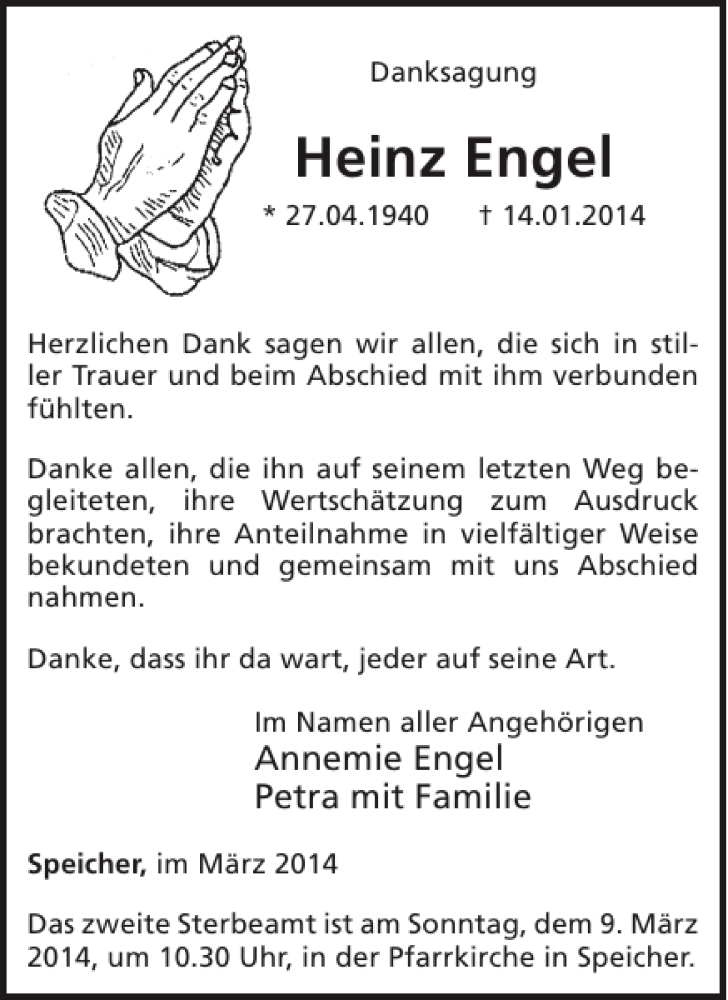  Traueranzeige für Heinz Engel vom 05.03.2014 aus WochenSpiegel