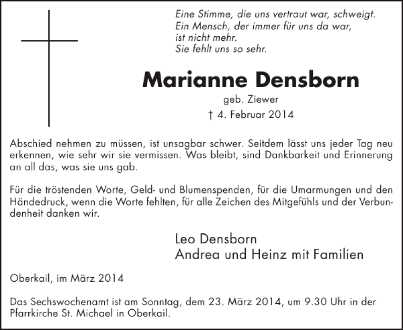  Traueranzeige für Marianne Densborn vom 19.03.2014 aus WochenSpiegel