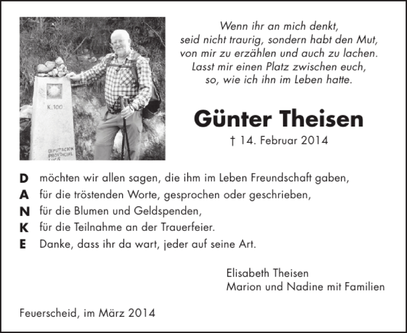  Traueranzeige für Günter Theisen vom 02.04.2014 aus WochenSpiegel