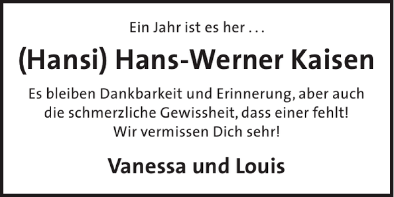  Traueranzeige für Hansi Hans-Werner Kaisen vom 09.04.2014 aus WochenSpiegel