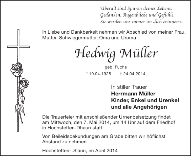  Traueranzeige für Hedwig Müller vom 30.04.2014 aus WochenSpiegel