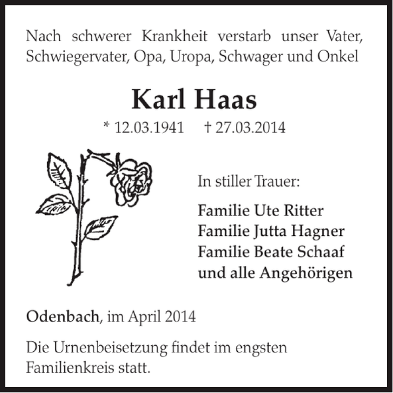  Traueranzeige für Karl Haas vom 09.04.2014 aus WochenSpiegel