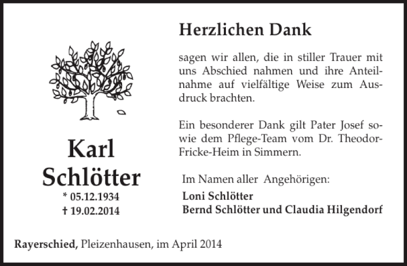  Traueranzeige für Karl Schlötter vom 02.04.2014 aus WochenSpiegel