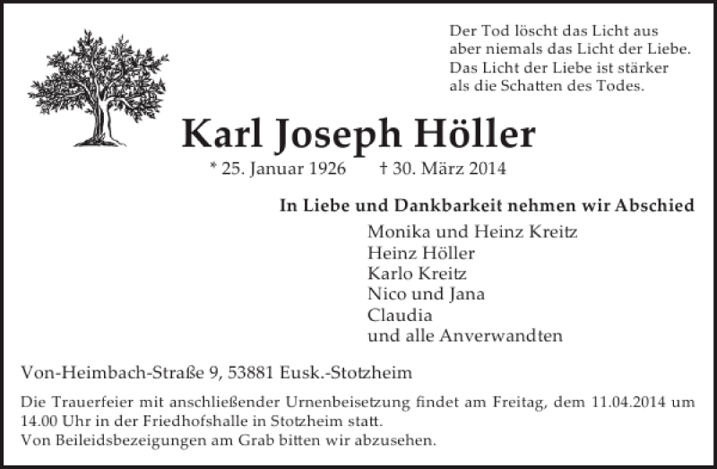  Traueranzeige für Karl Joseph Höller vom 09.04.2014 aus WochenSpiegel
