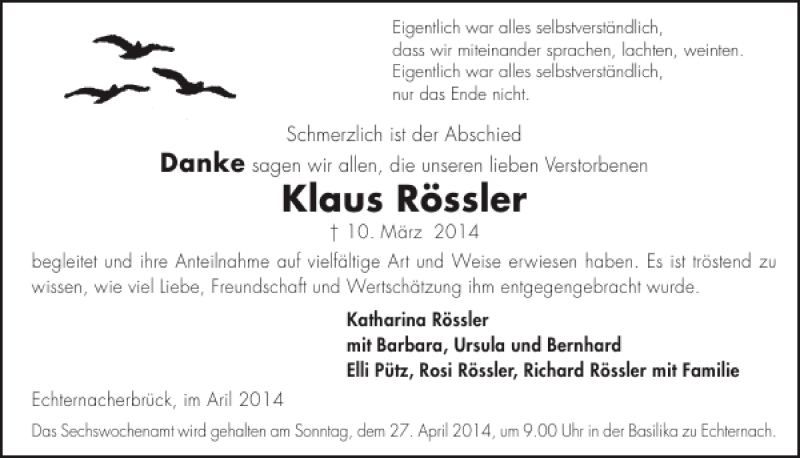  Traueranzeige für Klaus Rössler vom 23.04.2014 aus WochenSpiegel