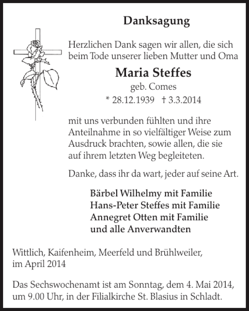  Traueranzeige für Maria Steffes vom 23.04.2014 aus WochenSpiegel