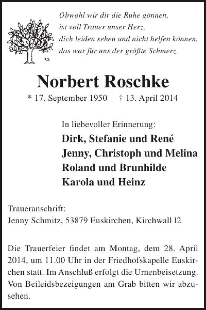  Traueranzeige für Norbert Roschke vom 23.04.2014 aus WochenSpiegel
