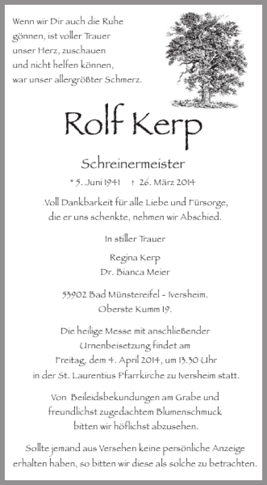  Traueranzeige für Rolf Kerp vom 02.04.2014 aus WochenSpiegel