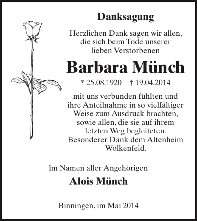  Traueranzeige für Barbara Münch vom 14.05.2014 aus WochenSpiegel