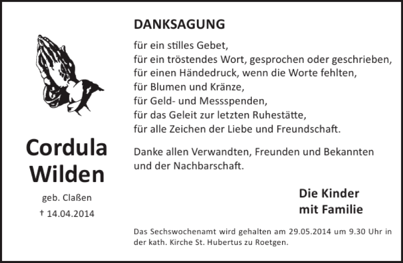  Traueranzeige für Cordula Wilden vom 21.05.2014 aus WochenSpiegel
