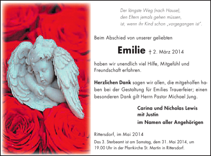  Traueranzeige für Emilie  vom 28.05.2014 aus WochenSpiegel