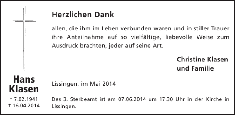  Traueranzeige für Hans Klasen vom 28.05.2014 aus WochenSpiegel