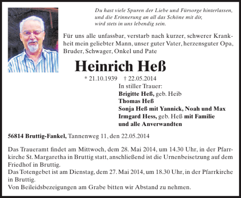  Traueranzeige für Heinrich Heß vom 28.05.2014 aus WochenSpiegel