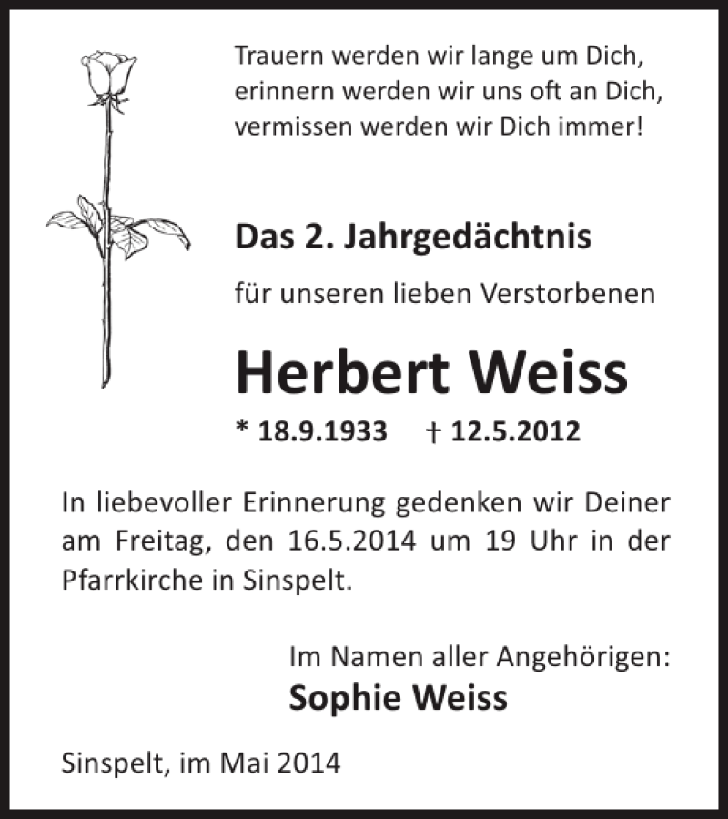  Traueranzeige für Herbert Weiss vom 14.05.2014 aus WochenSpiegel