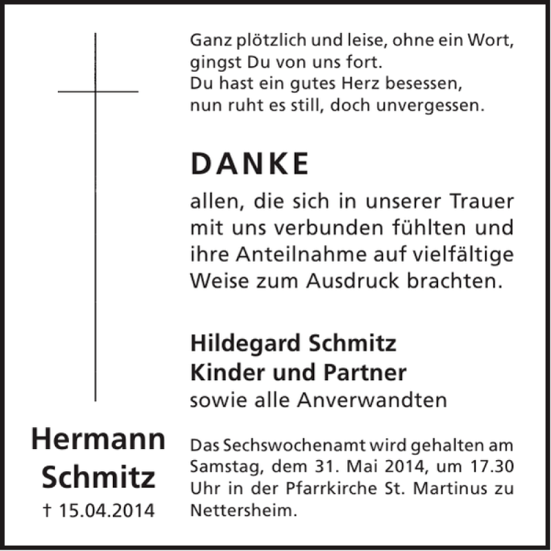 Traueranzeige für Hermann Schmitz vom 21.05.2014 aus WochenSpiegel