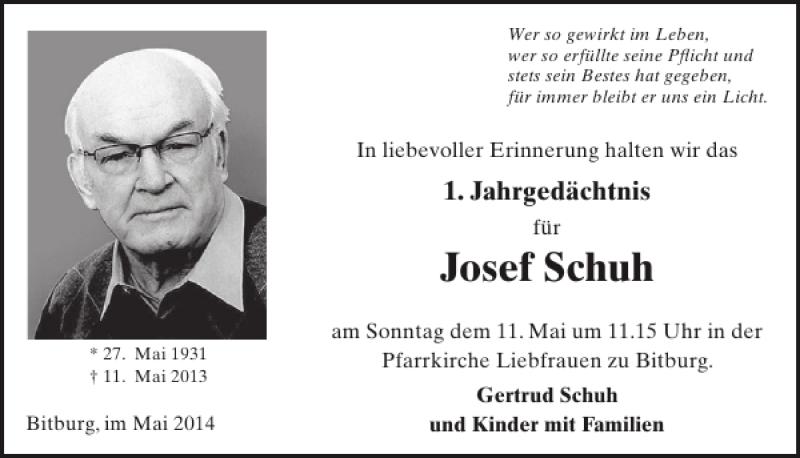  Traueranzeige für Josef Schuh vom 07.05.2014 aus WochenSpiegel