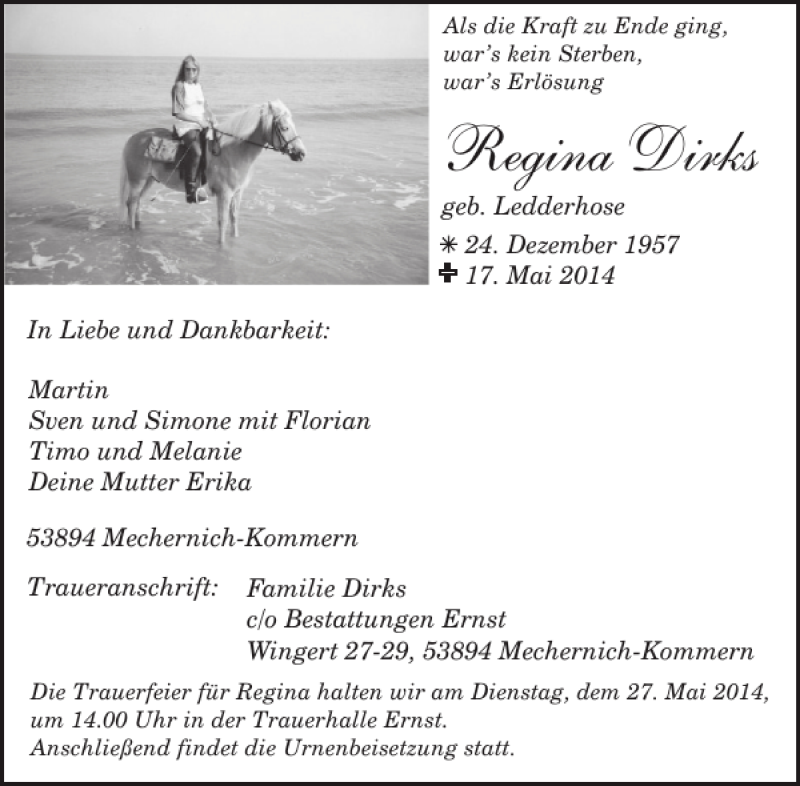  Traueranzeige für Regina Dirks vom 21.05.2014 aus WochenSpiegel