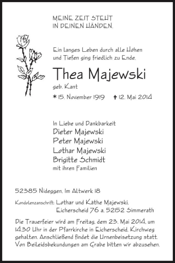  Traueranzeige für Thea Majewski vom 21.05.2014 aus WochenSpiegel