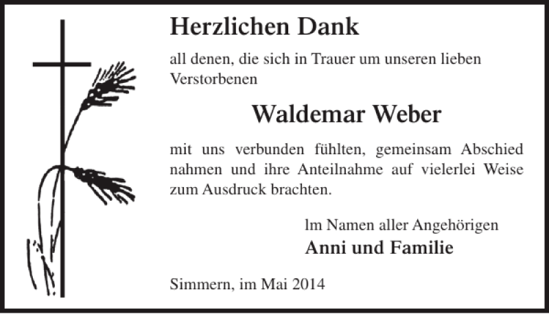  Traueranzeige für Waldemar Weber vom 14.05.2014 aus WochenSpiegel