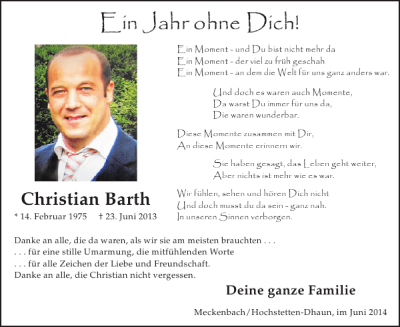  Traueranzeige für Christian Barth vom 25.06.2014 aus WochenSpiegel
