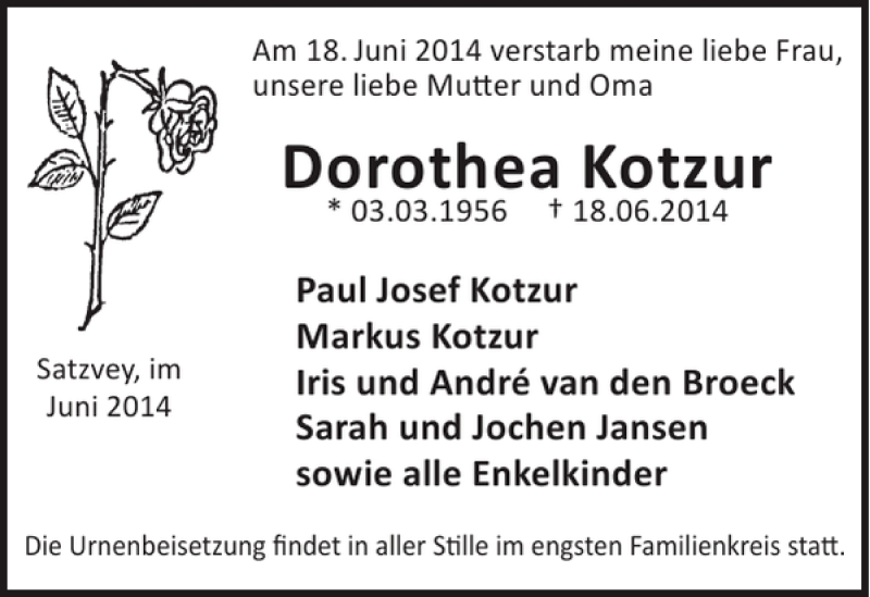  Traueranzeige für Dorothea Kotzur vom 25.06.2014 aus WochenSpiegel