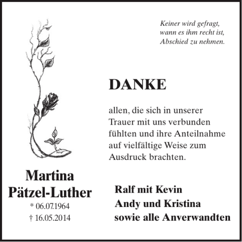  Traueranzeige für MartinaPätzel-Luther  vom 11.06.2014 aus WochenSpiegel