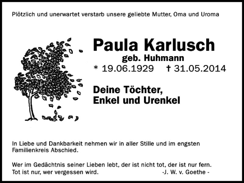  Traueranzeige für Paula Karlusch vom 04.06.2014 aus WochenSpiegel