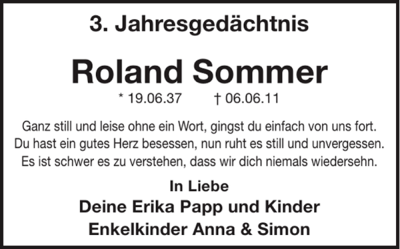 Traueranzeige für Roland Sommer vom 04.06.2014 aus WochenSpiegel