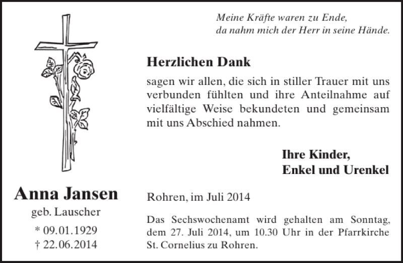  Traueranzeige für Anna Jansen vom 16.07.2014 aus WochenSpiegel